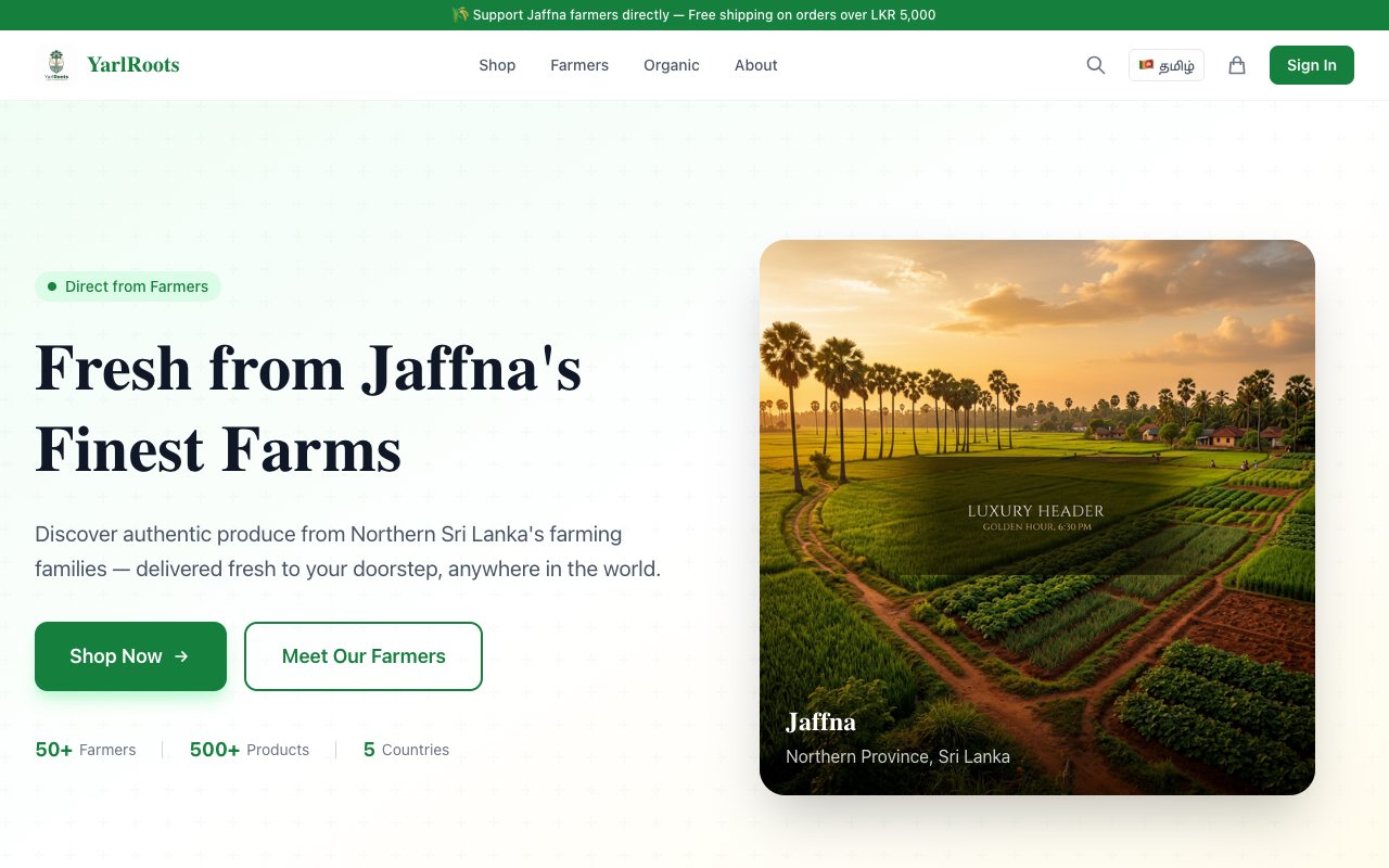 YarlRoots — Jaffna Farmer Marketplace desktop view