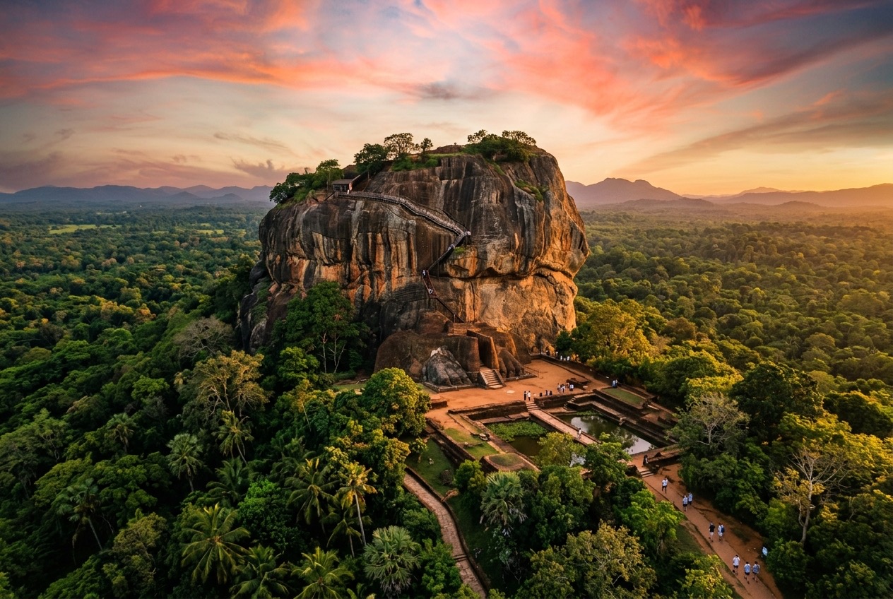 Sigiriya Rock Fortress rising above Sri Lanka’s green landscape